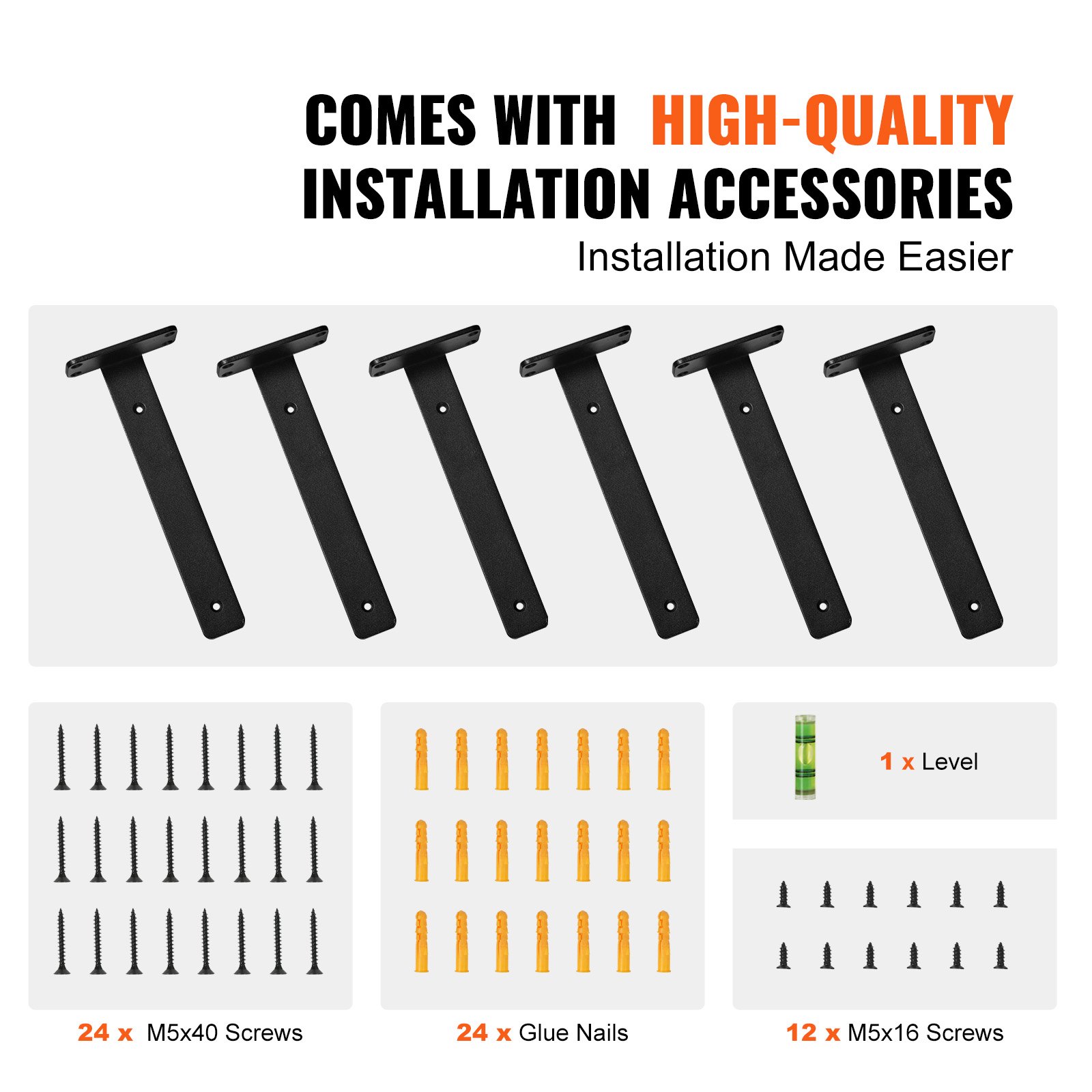 VEVOR shelf brackets set with screws, glue nails, and level for easy installation.