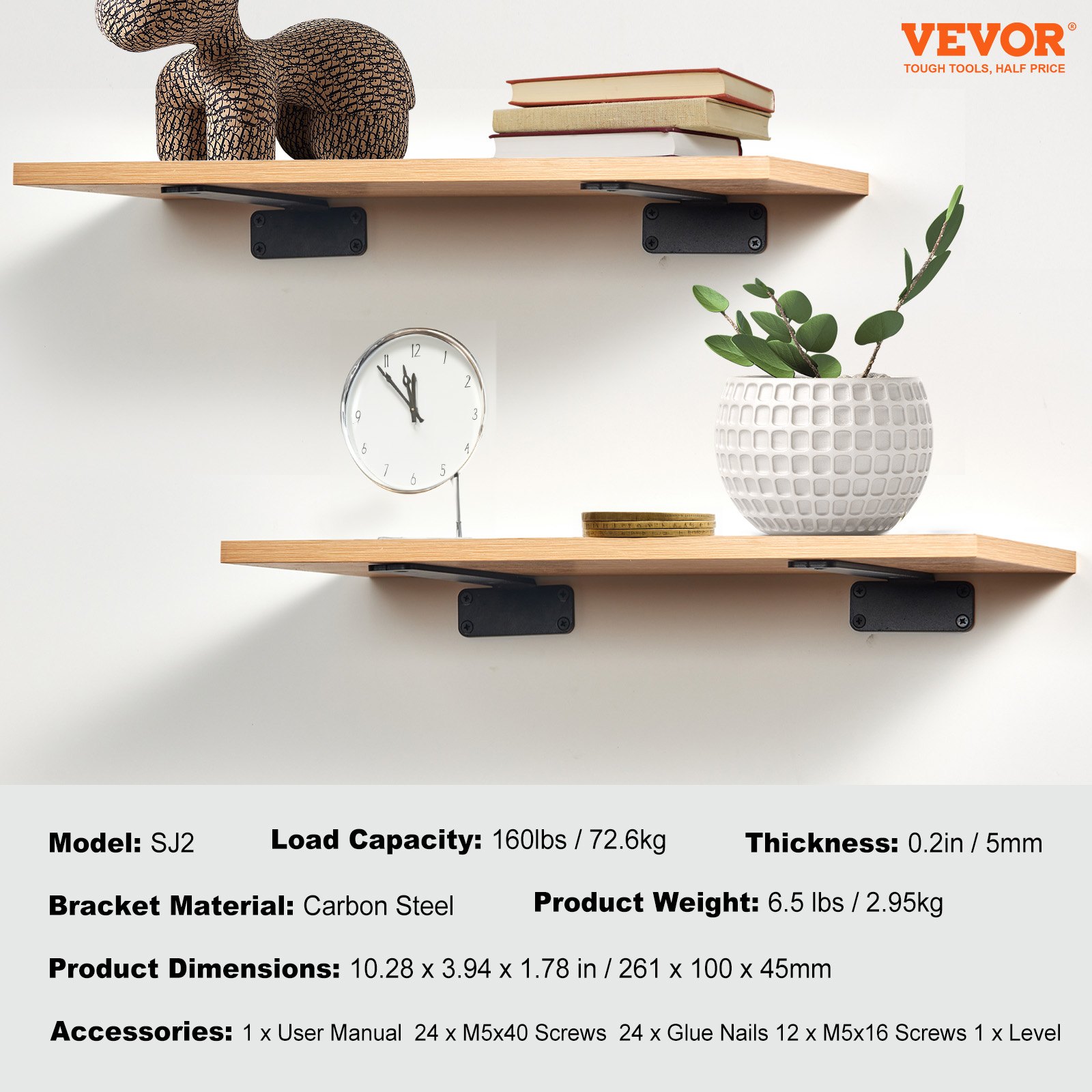 wooden shelves supported by black VEVOR shelf brackets, holding a clock, books, and a potted plant.