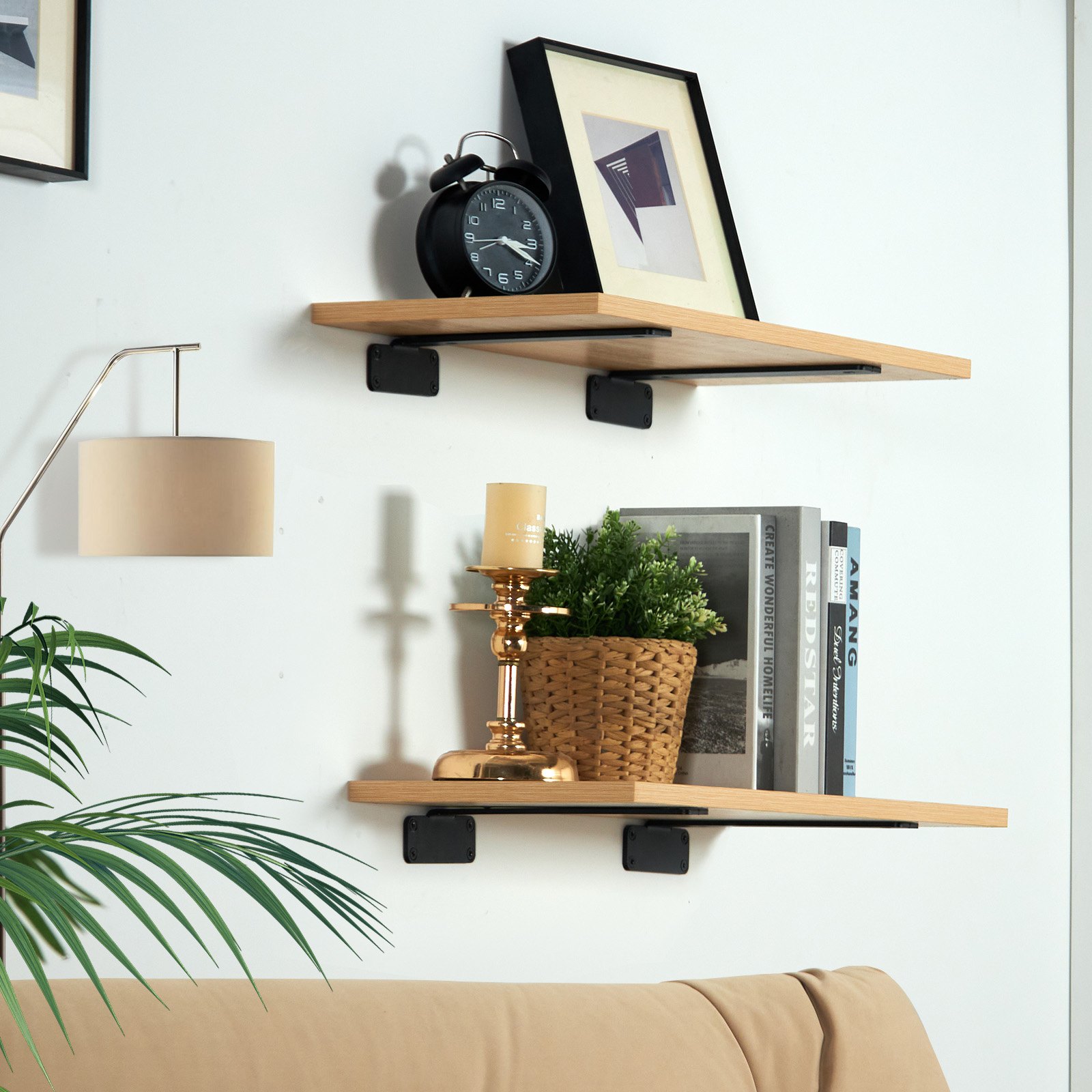 stylish wooden shelves with VEVOR shelf brackets hold decor items, books, and a black clock on a white wall.