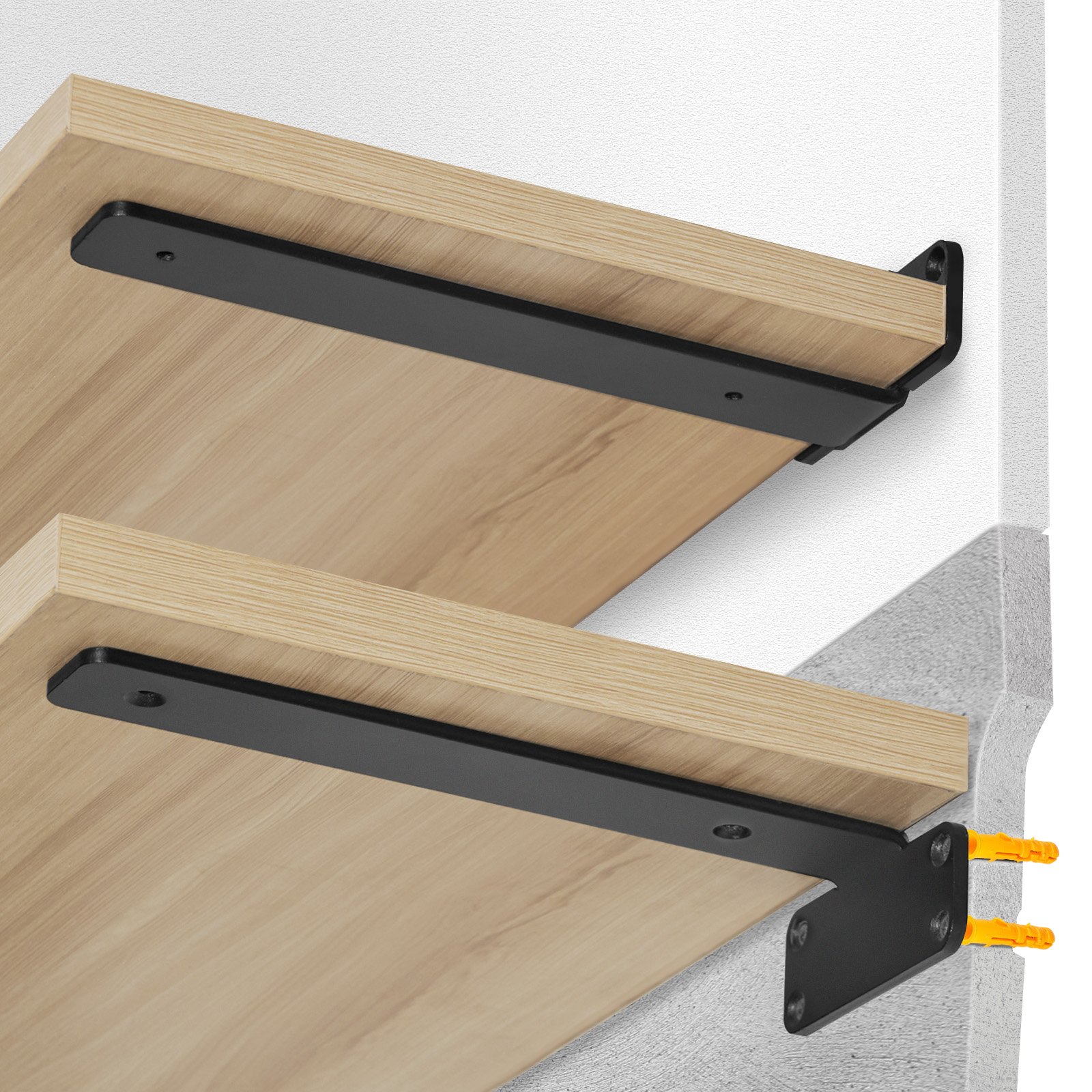 black VEVOR shelf brackets with mounting screws and anchors displayed on a white background.