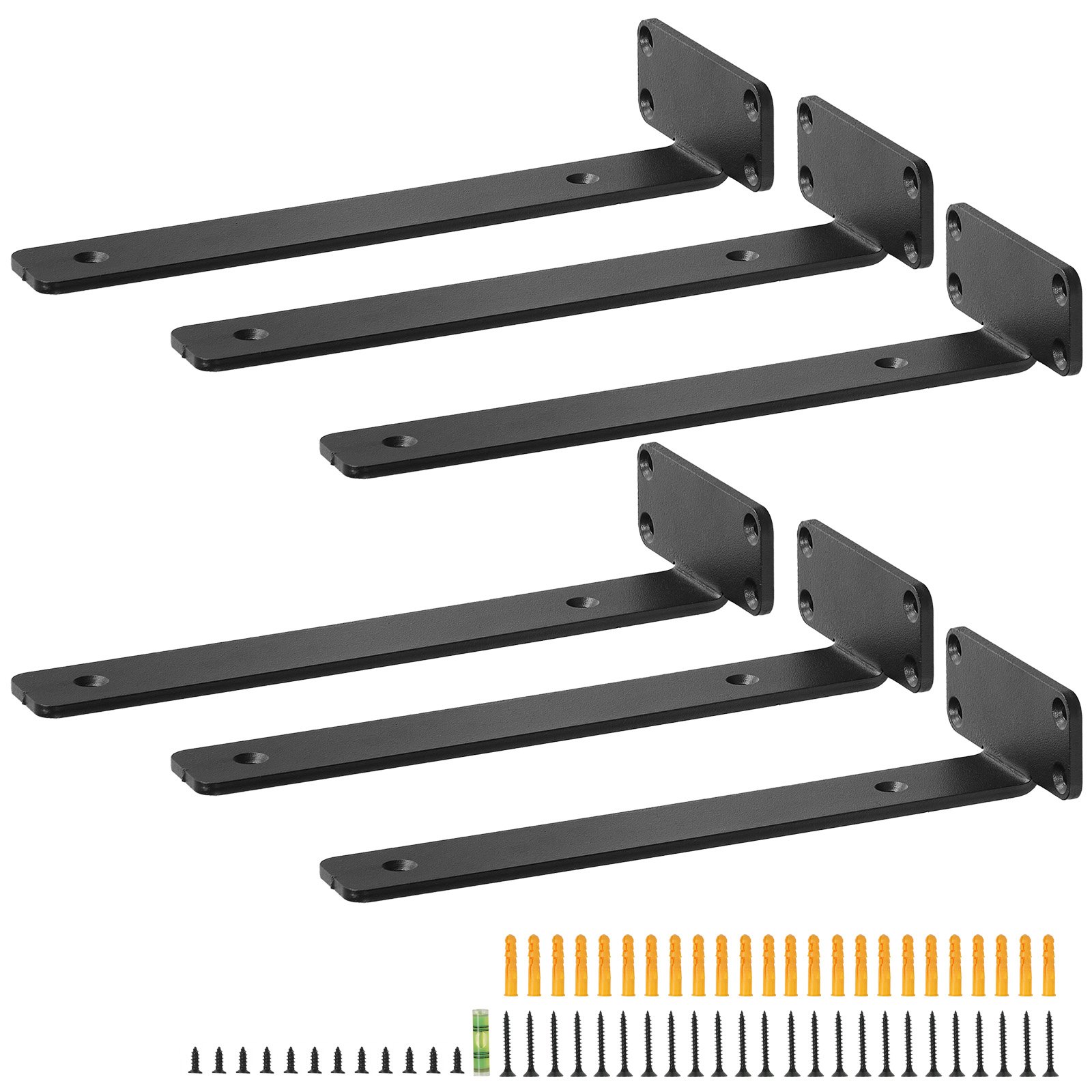 six black VEVOR shelf brackets with mounting screws and expansion plugs.