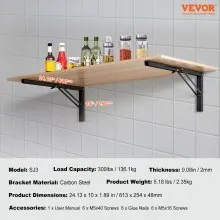 VEVOR Shelf Bracket Foldable, 24” L 2 Pcs , Heavy Duty Floating Shelf Brackets, Brackets for Shelves, 5mm Thick Matte Black L Shelf Bracket,Steel Shelving Brackets with 300 lbs Load Capacity