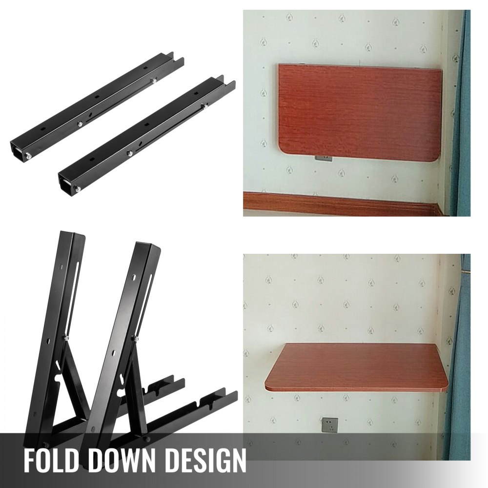 VEVOR folding shelf brackets with fold down design, black metal paired with wooden shelf.