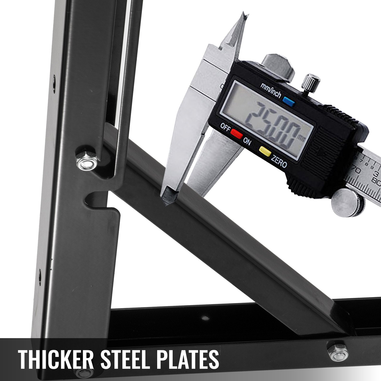 caliper measuring VEVOR folding shelf brackets with thicker steel plates.