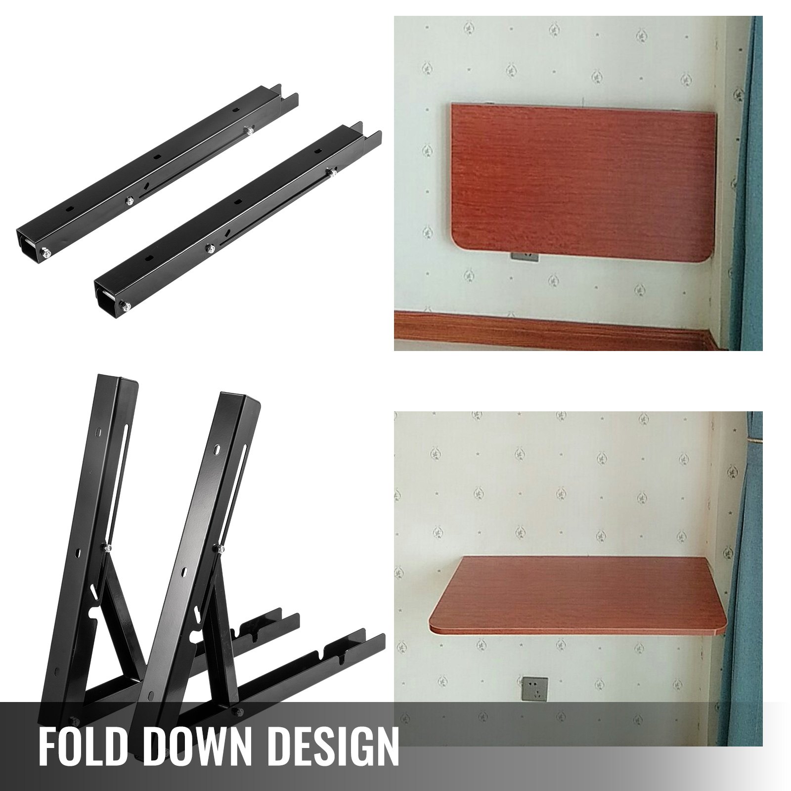 VEVOR folding shelf brackets with fold down design, black metal paired with wooden shelf.