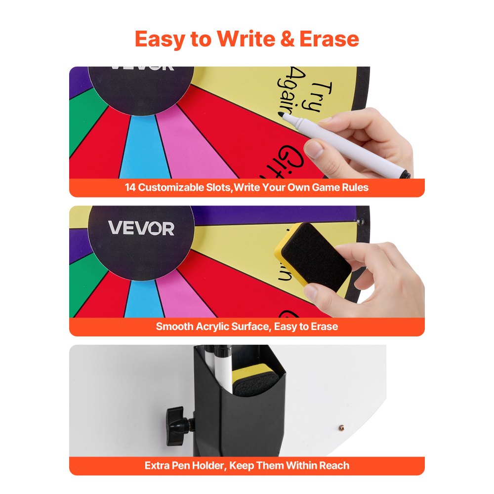 VEVOR 610 mm Spinning Prize Wheel, 14 Slots Spinning Wheel with Tripod, Adjustable Height Win Fortune Roulette with a Dry Erase and 2 Markers, 6 Colors, Easy Assembly, for Party Pub Trade Show Carnival