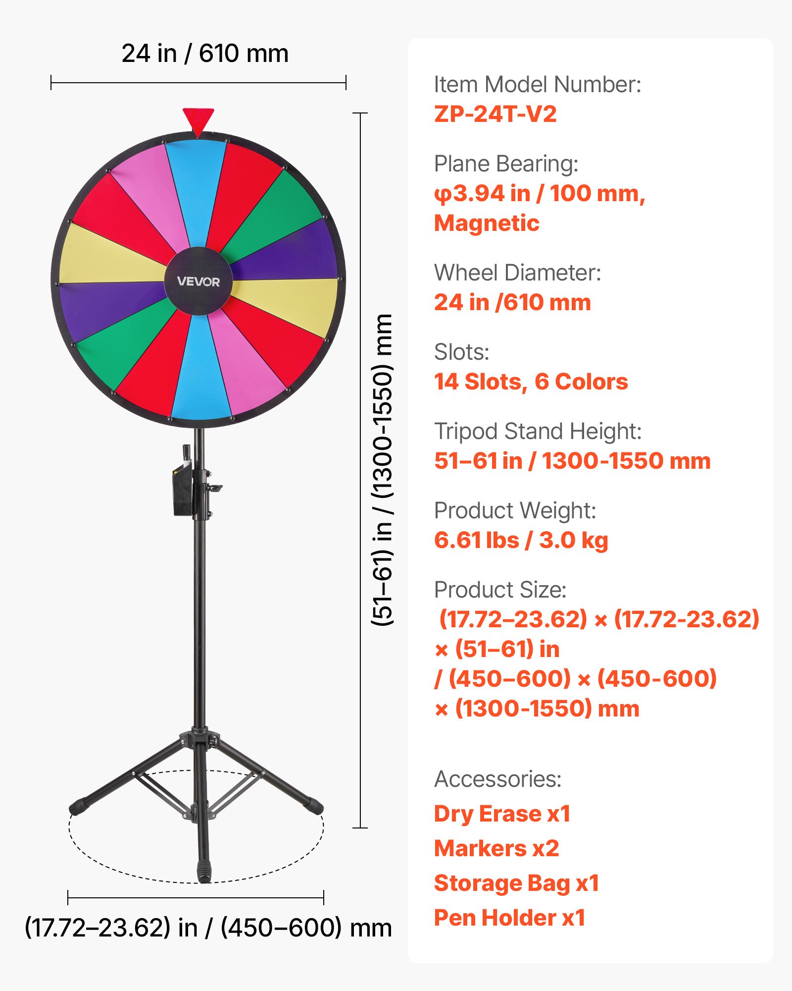 VEVOR 610 mm Spinning Prize Wheel, 14 Slots Spinning Wheel with Tripod, Adjustable Height Win Fortune Roulette with a Dry Erase and 2 Markers, 6 Colors, Easy Assembly, for Party Pub Trade Show Carnival
