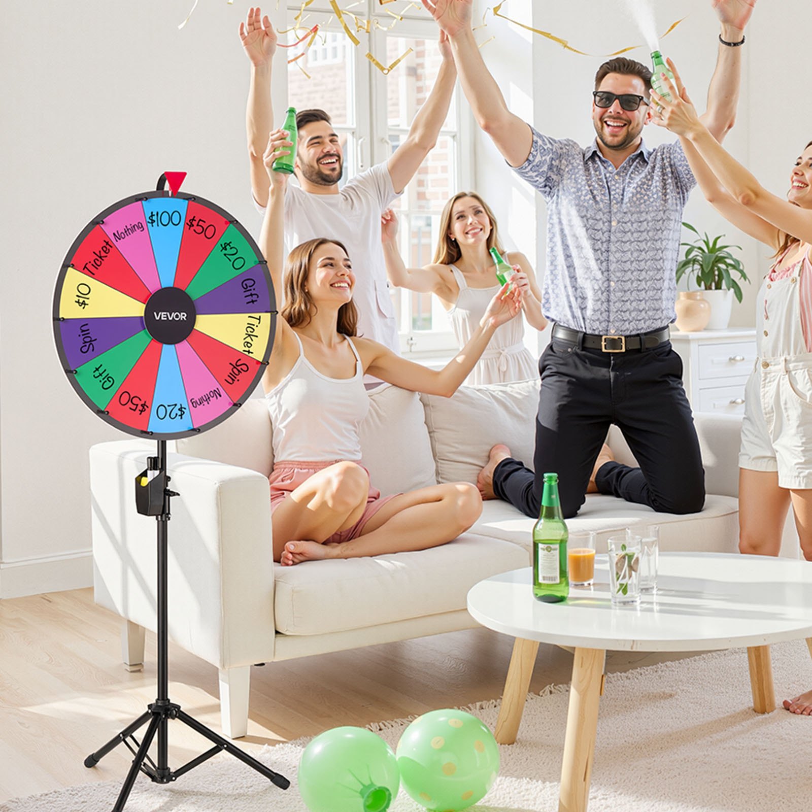 VEVOR 610 mm Spinning Prize Wheel, 14 Slots Spinning Wheel with Tripod, Adjustable Height Win Fortune Roulette with a Dry Erase and 2 Markers, 6 Colors, Easy Assembly, for Party Pub Trade Show Carnival