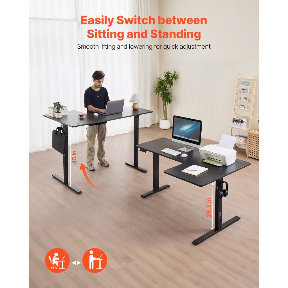 VEVOR L Shaped Desk, Electric Adjustable Height Corner Gaming Desk with Dual Hooks, Heavy Duty Carbon Steel L-Shaped Computer Table with Power Strip for Home, Office, Dorm, Easy to Assemble, Black