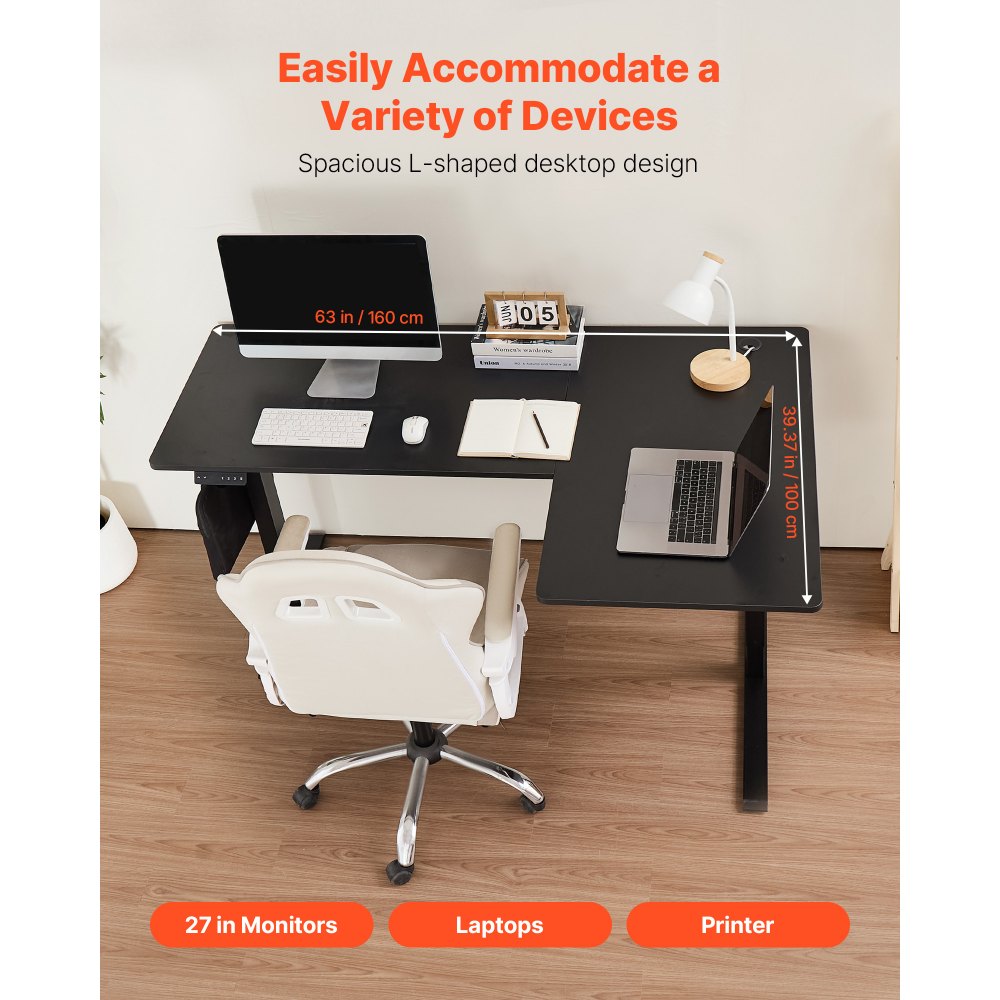 VEVOR L Shaped Desk, Electric Adjustable Height Corner Gaming Desk with Dual Hooks, Heavy Duty Carbon Steel L-Shaped Computer Table with Power Strip for Home, Office, Dorm, Easy to Assemble, Black