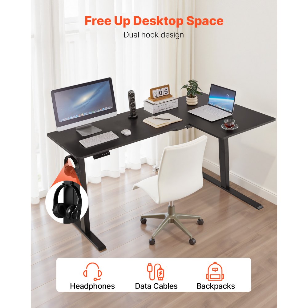 VEVOR L Shaped Desk, Electric Adjustable Height Corner Gaming Desk with Dual Hooks, Heavy Duty Carbon Steel L-Shaped Computer Table with Power Strip for Home, Office, Dorm, Easy to Assemble, Black