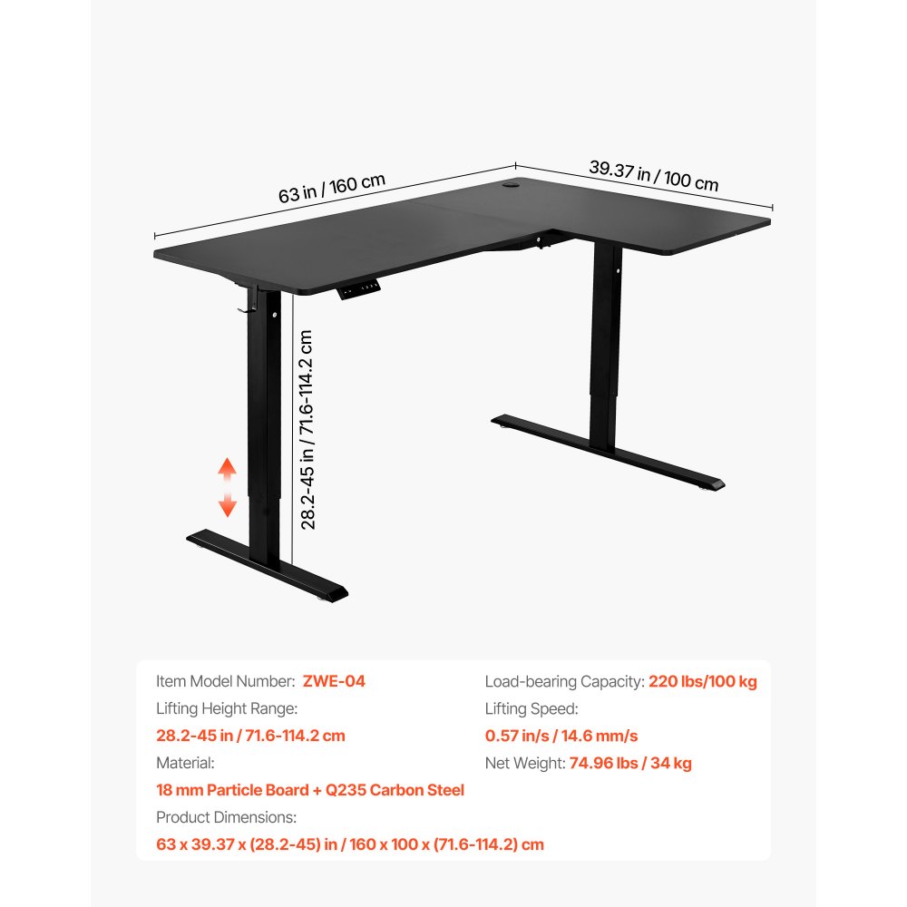 VEVOR L Shaped Desk, Electric Adjustable Height Corner Gaming Desk with Dual Hooks, Heavy Duty Carbon Steel L-Shaped Computer Table with Power Strip for Home, Office, Dorm, Easy to Assemble, Black