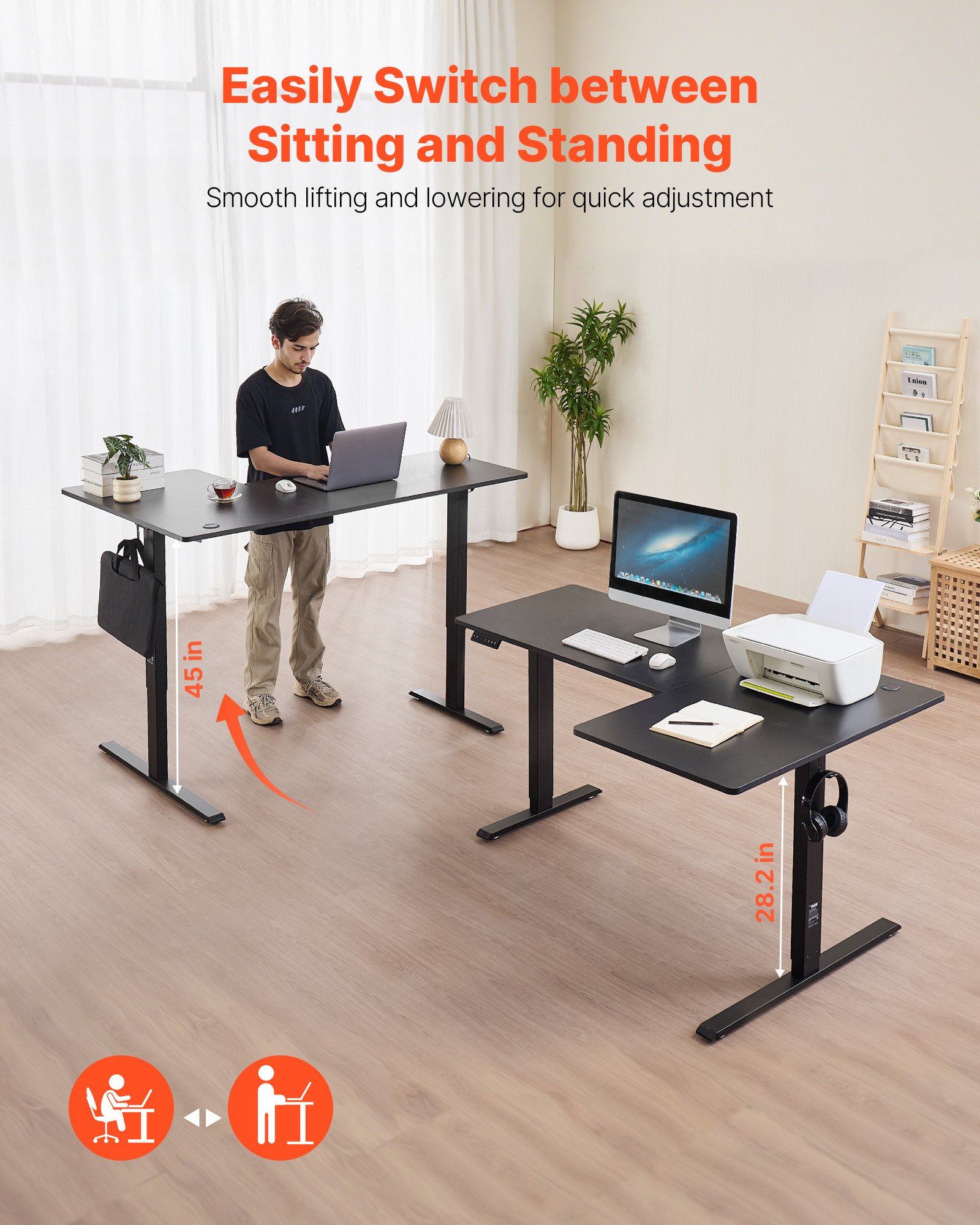VEVOR L Shaped Desk, Electric Adjustable Height Corner Gaming Desk with Dual Hooks, Heavy Duty Carbon Steel L-Shaped Computer Table with Power Strip for Home, Office, Dorm, Easy to Assemble, Black