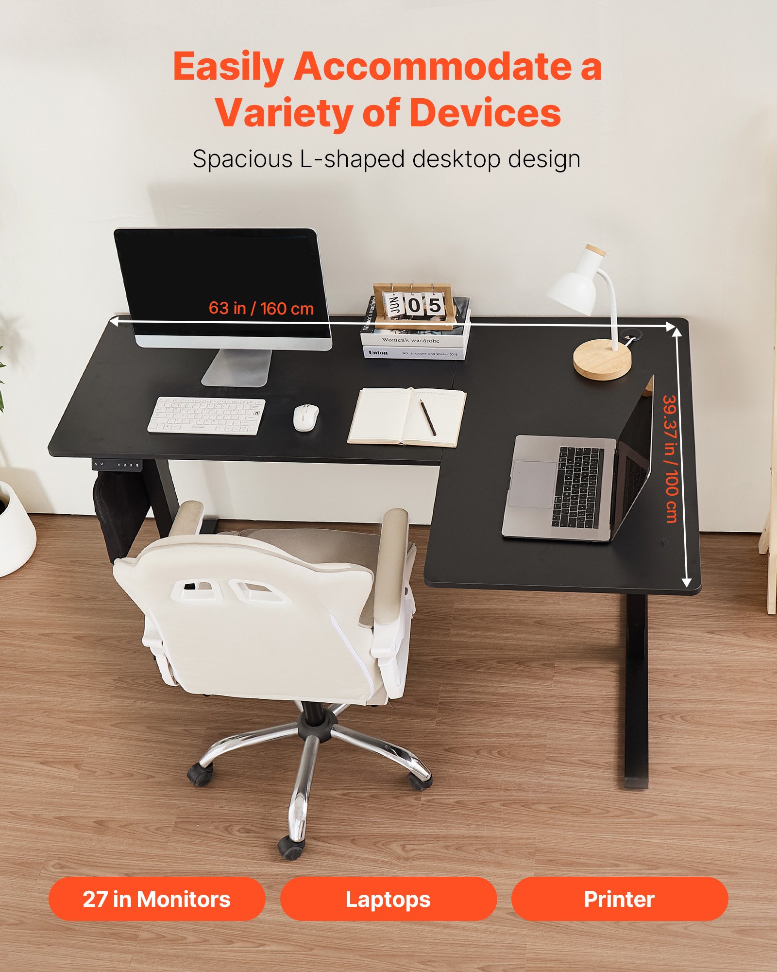 VEVOR L Shaped Desk, Electric Adjustable Height Corner Gaming Desk with Dual Hooks, Heavy Duty Carbon Steel L-Shaped Computer Table with Power Strip for Home, Office, Dorm, Easy to Assemble, Black