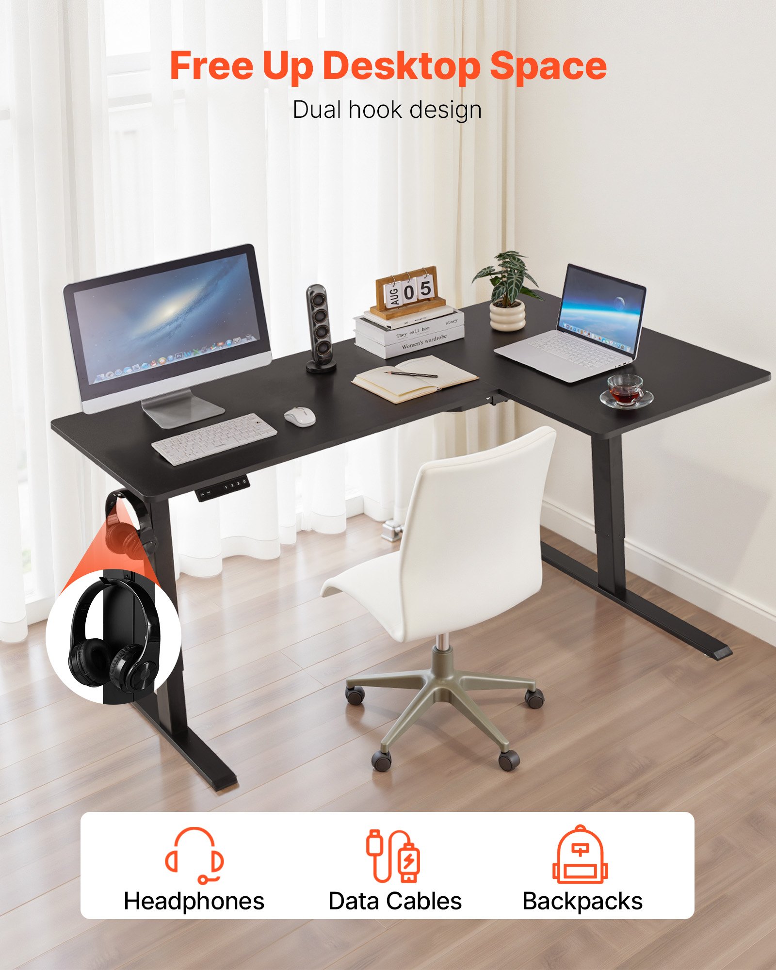 VEVOR L Shaped Desk, Electric Adjustable Height Corner Gaming Desk with Dual Hooks, Heavy Duty Carbon Steel L-Shaped Computer Table with Power Strip for Home, Office, Dorm, Easy to Assemble, Black