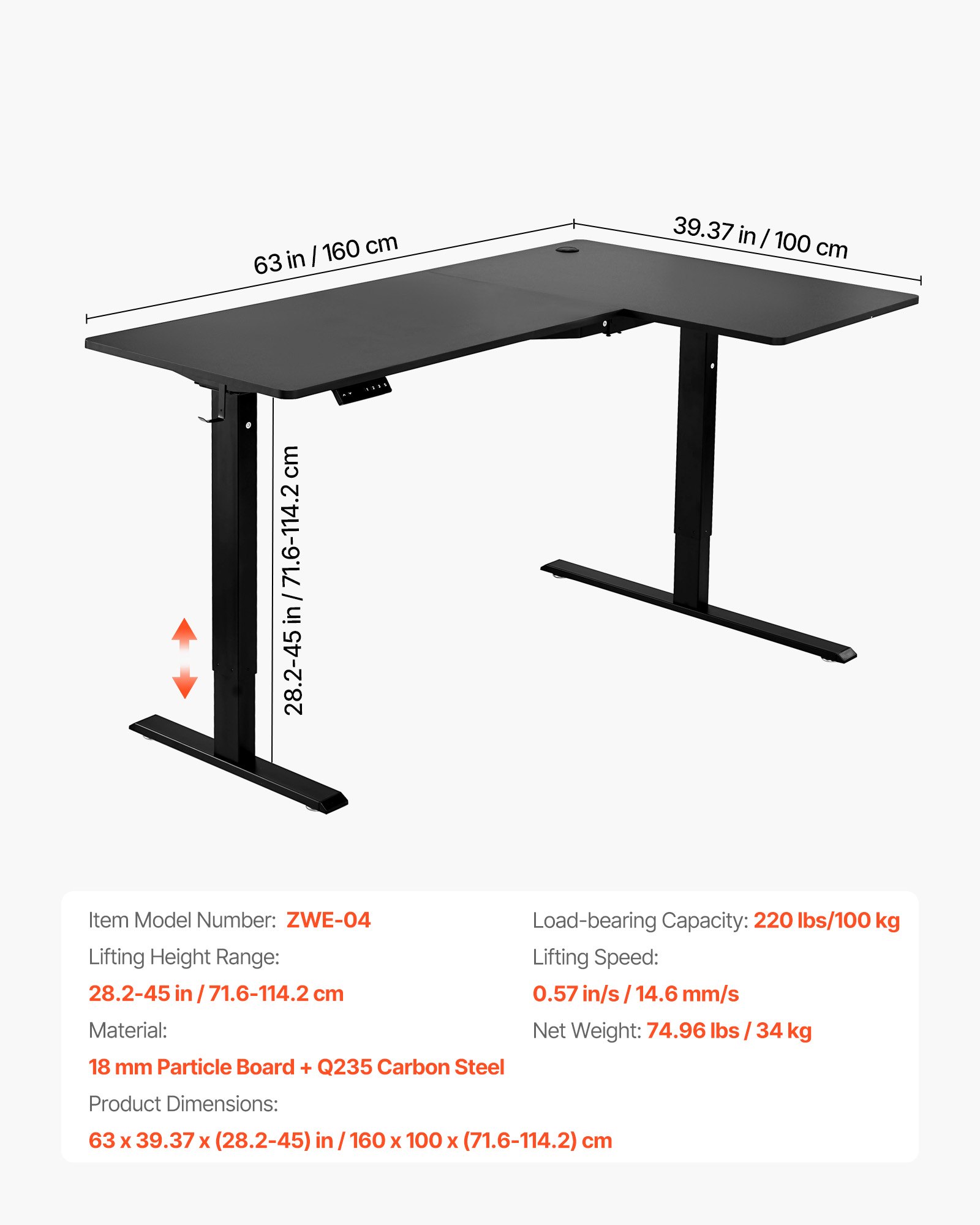 VEVOR L Shaped Desk, Electric Adjustable Height Corner Gaming Desk with Dual Hooks, Heavy Duty Carbon Steel L-Shaped Computer Table with Power Strip for Home, Office, Dorm, Easy to Assemble, Black
