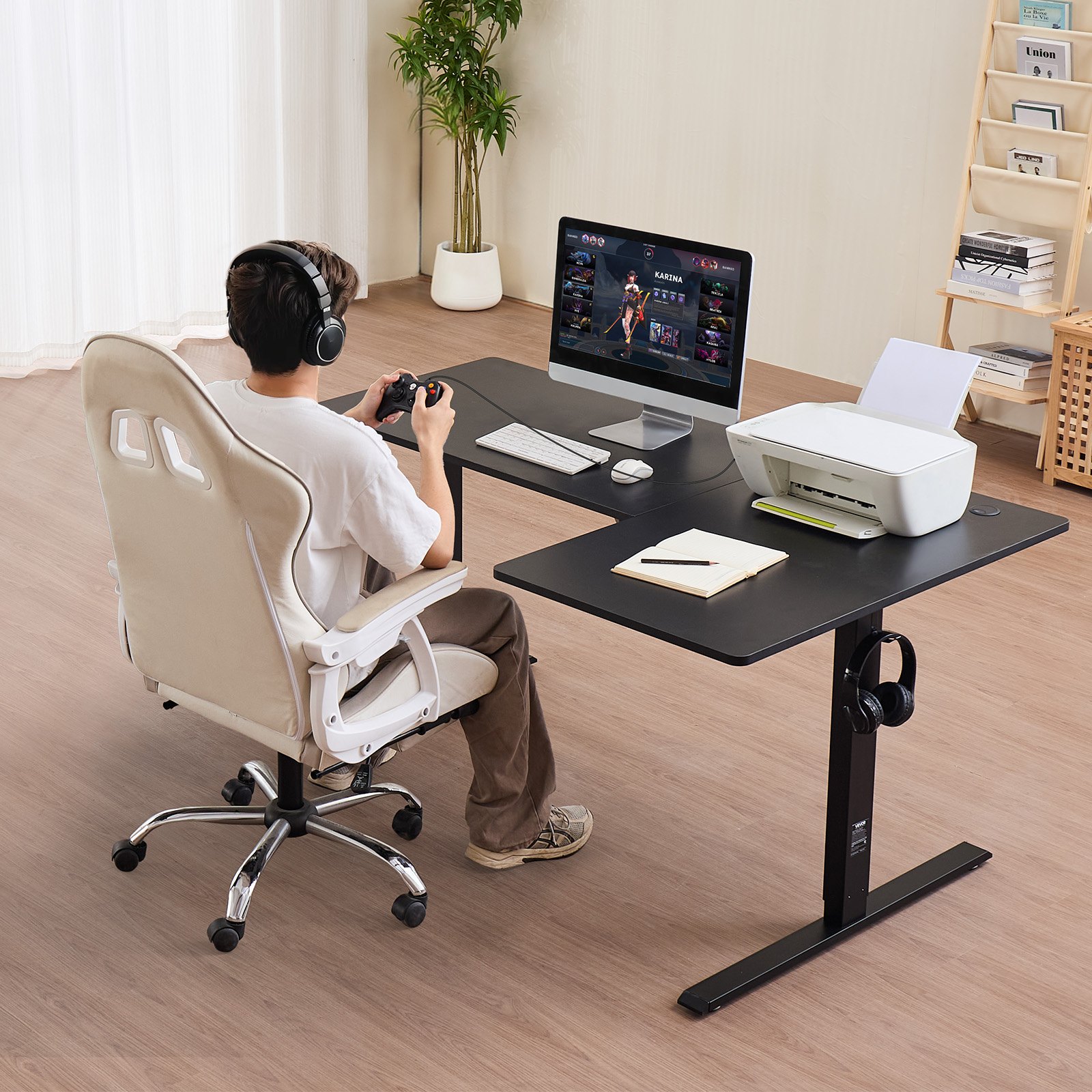 VEVOR L Shaped Desk, Electric Adjustable Height Corner Gaming Desk with Dual Hooks, Heavy Duty Carbon Steel L-Shaped Computer Table with Power Strip for Home, Office, Dorm, Easy to Assemble, Black