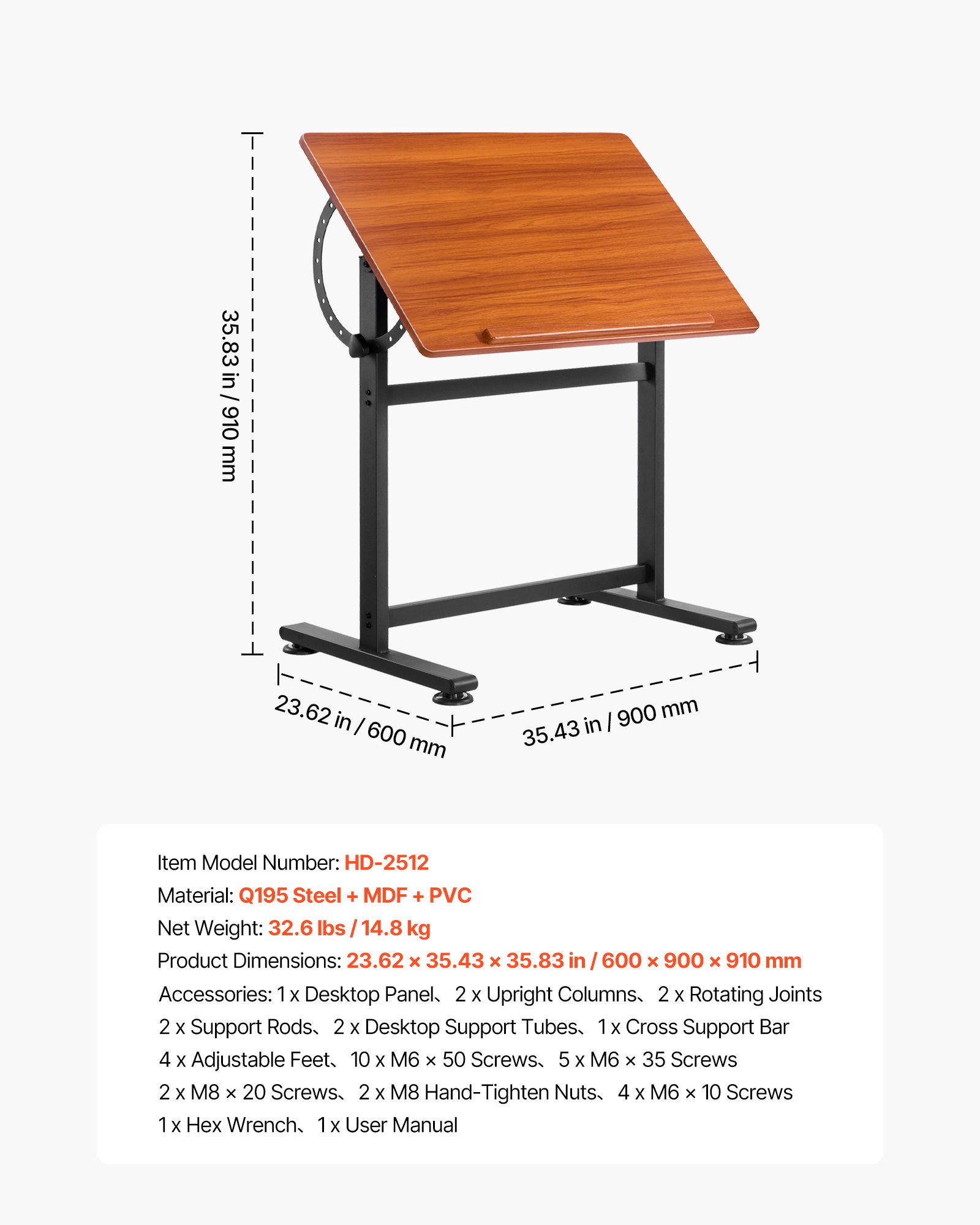 VEVOR Drafting Table, Adjustable 0°–90° Tilt Drawing Desk, Portable Artist Table with Black H-Frame and Brown Desktop, Wooden Painting Desk Craft Workstation for Reading, Writing, Crafting, Meeting