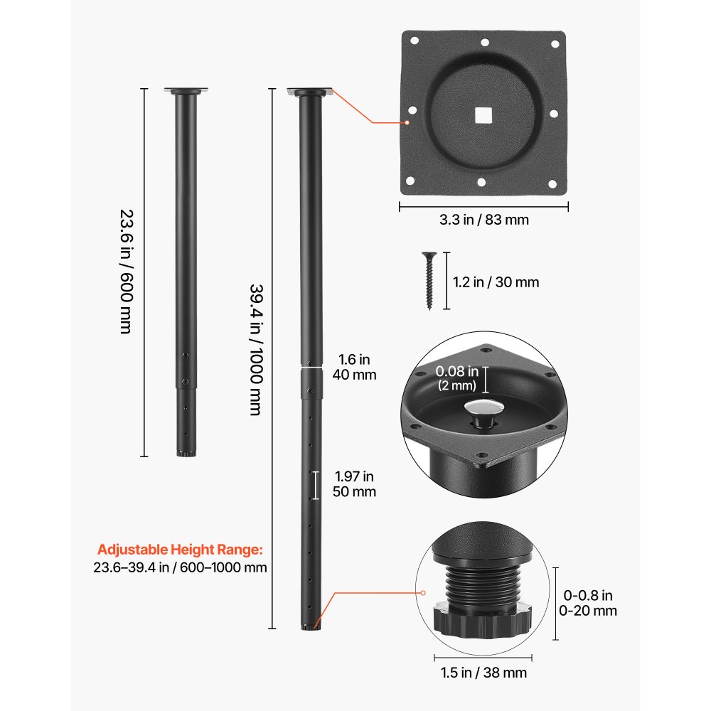 VEVOR Adjustable Table Legs, 610-1016 mm Round Steel Furniture Legs, 544 kg Max Load Heavy Duty, Quick Installation, for Home Office Desk DIY, Coffee Dinner Bar Tables, Workbenches, 4 PCS, Black