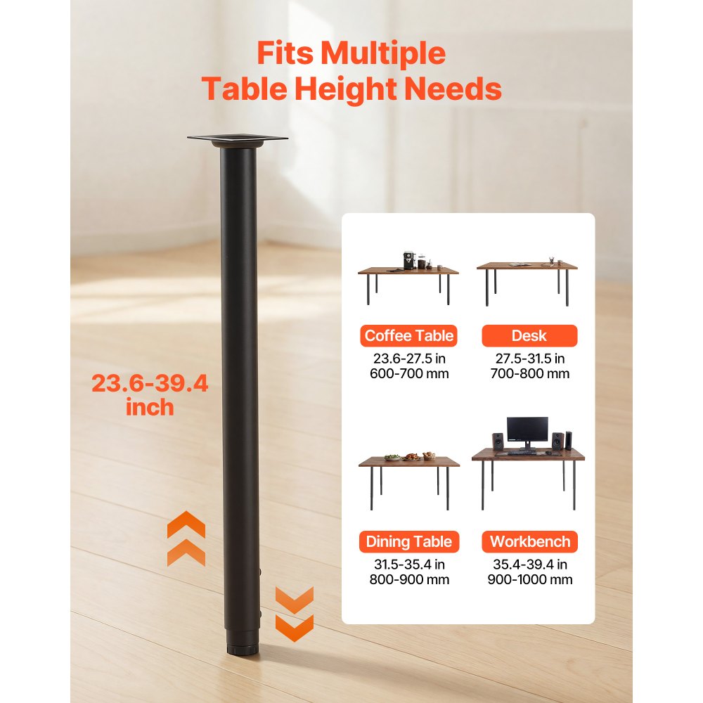 VEVOR Adjustable Table Legs, 24-40 in Round Steel Furniture Legs, 1200 lbs Max Load Heavy Duty, Quick Installation, Ideal for Home Office Desk DIY, Coffee Dinner Bar Tables, Workbenches, 4 PCS, Black