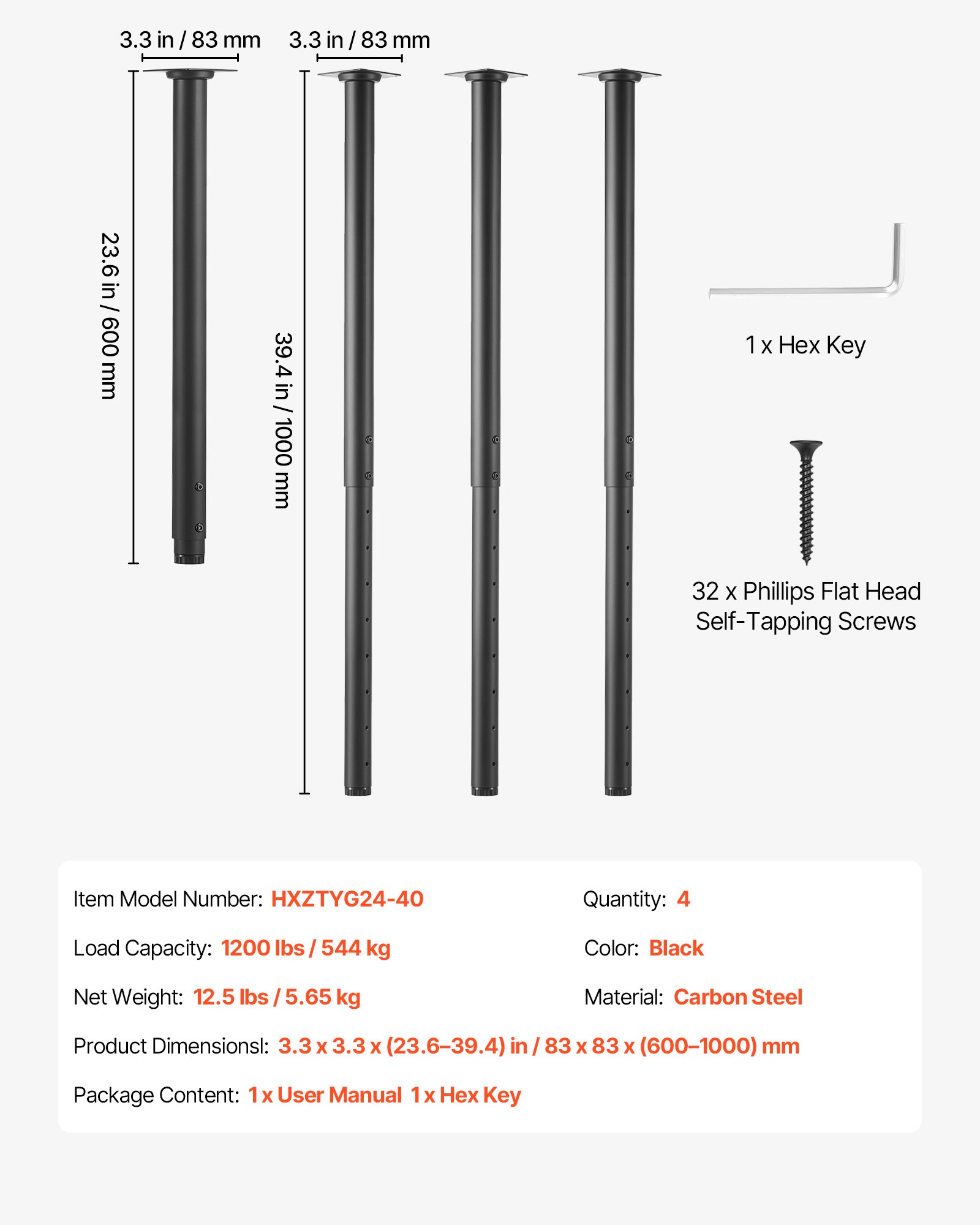 VEVOR Adjustable Table Legs, 610-1016 mm Round Steel Furniture Legs, 544 kg Max Load Heavy Duty, Quick Installation, for Home Office Desk DIY, Coffee Dinner Bar Tables, Workbenches, 4 PCS, Black