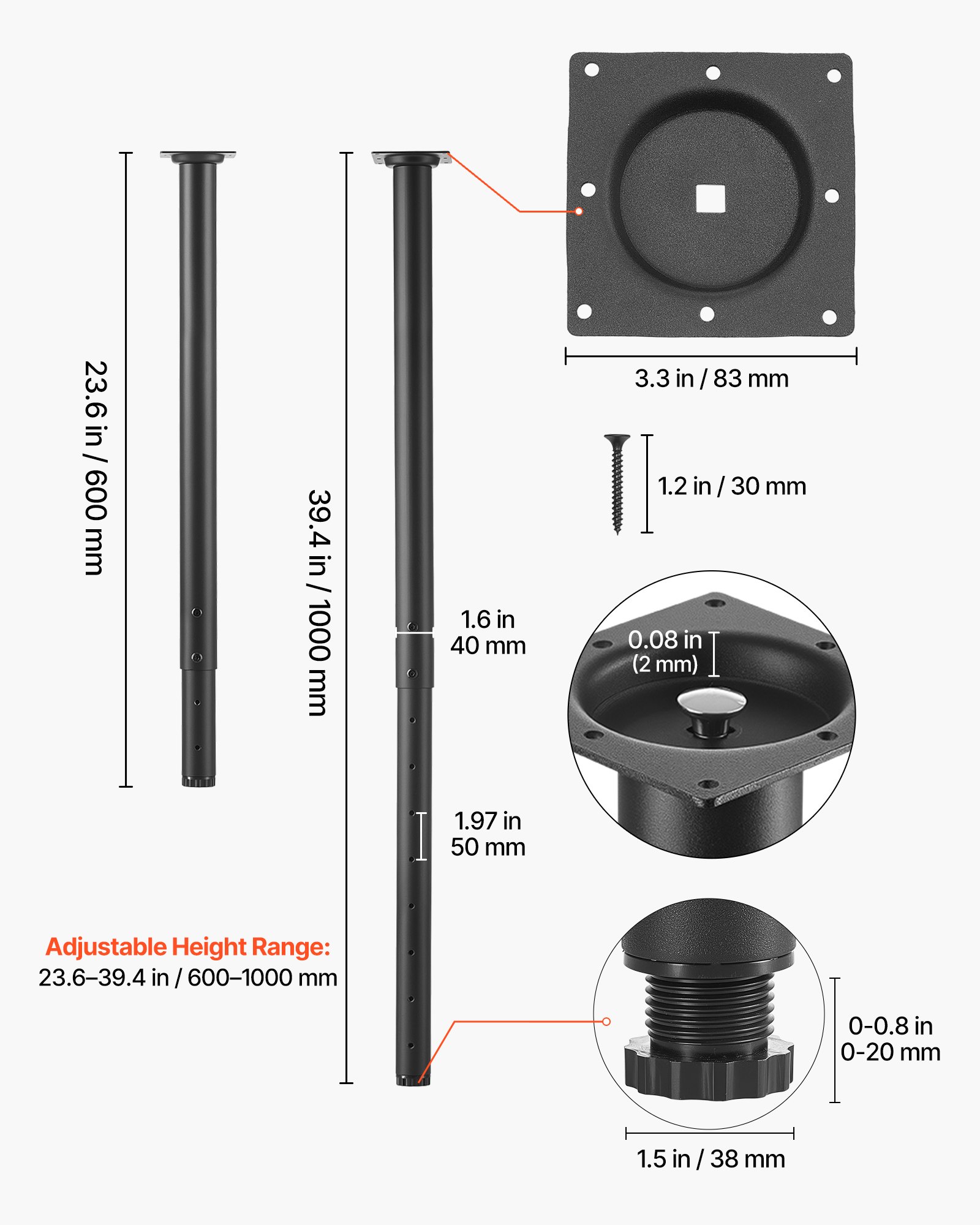 VEVOR Adjustable Table Legs, 24-40 in Round Steel Furniture Legs, 1200 lbs Max Load Heavy Duty, Quick Installation, Ideal for Home Office Desk DIY, Coffee Dinner Bar Tables, Workbenches, 4 PCS, Black