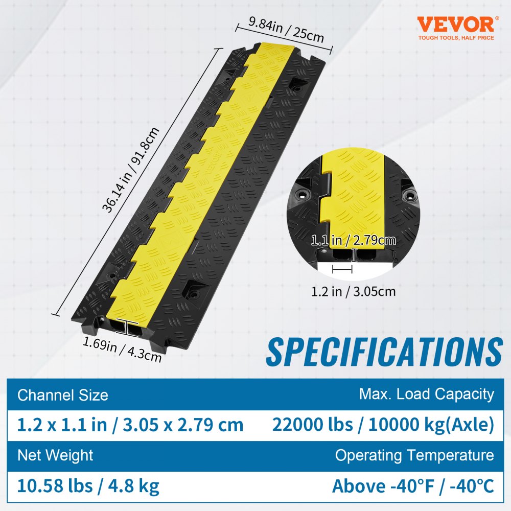 VEVOR cable protector ramp with dimensions, load capacity, and specifications details.
