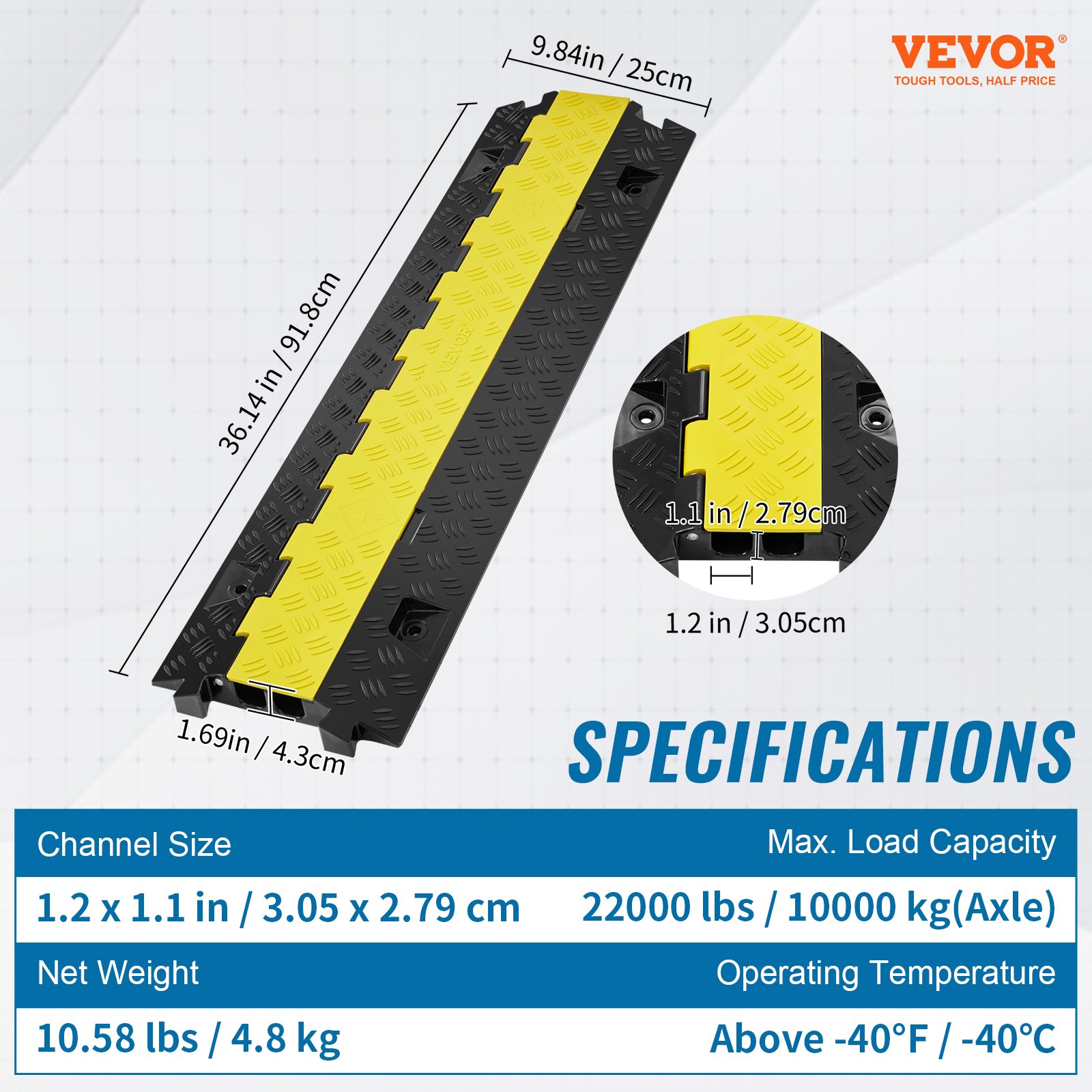 VEVOR cable protector ramp with dimensions, load capacity, and specifications details.