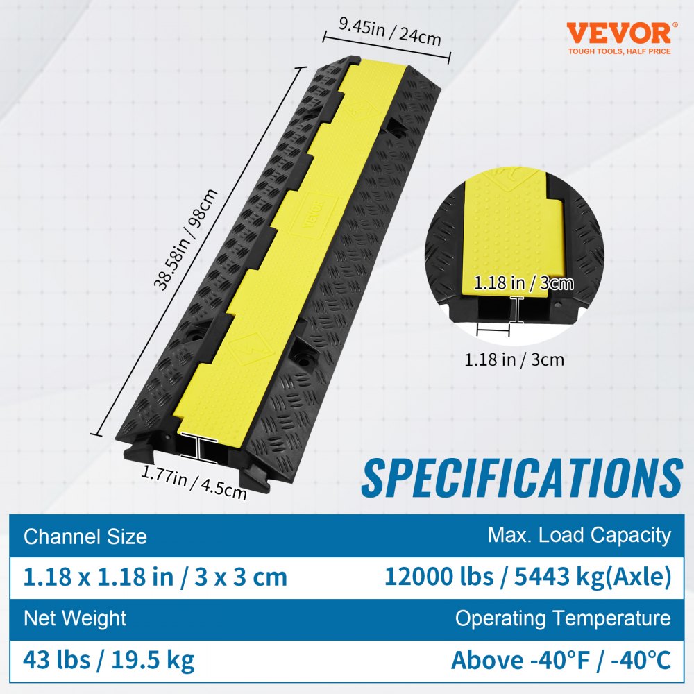 VEVOR 3 PCs Rubber Cable Protector Ramp, 2 Channel, 12000 lbs/axle Capacity Heavy Duty Hose Wire Cover Ramp Driveway, Traffic Speed Bump with Flip-Open Top Cover & 50 ft Warning Tape, for Indoor&Outdo