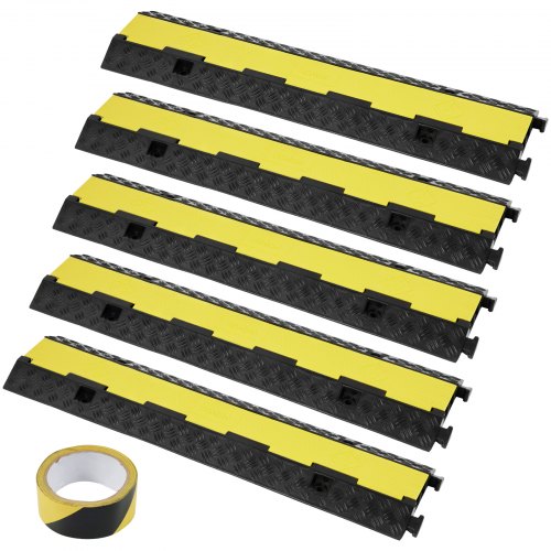 VEVOR 5 PCs Rubber Cable Protector Ramp, 2 Channel, 12000 lbs/axle Capacity Heavy Duty Hose Wire Cover Ramp Driveway, Traffic Speed Bump with Flip-Open Top Cover & 50 ft Warning Tape, for Indoor&Outdo