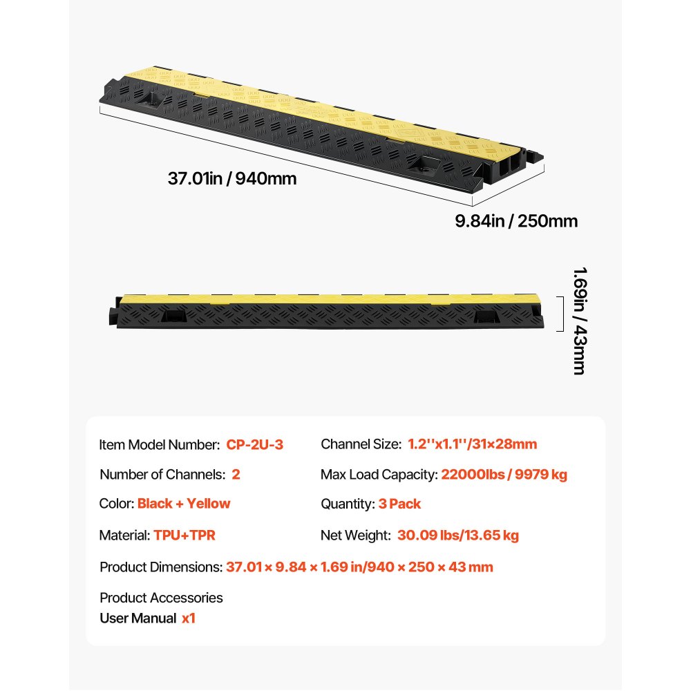 VEVOR Cable Protector Ramp, 22,000 lbs/axle Capacity, 2 Channel Heavy Duty TPU Cord Hose Wire Cover, 1.2 x 1.1 in Channel, Traffic Speed Bump with Flip-Open Top Cover, for Indoor Outdoor Use, 3 Pack