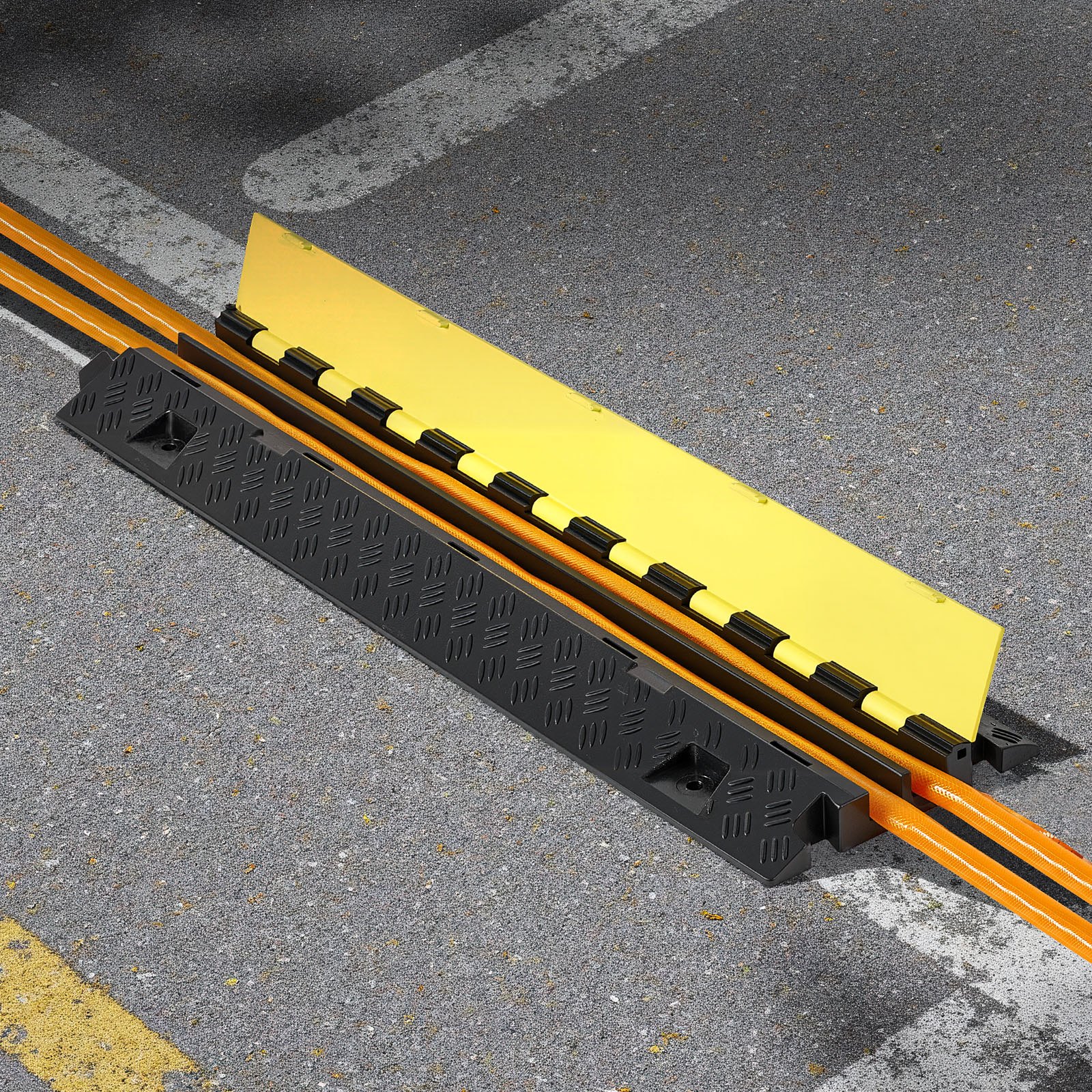 VEVOR Cable Protector Ramp, 22,000 lbs/axle Capacity, 2 Channel Heavy Duty TPU Cord Hose Wire Cover, 1.2 x 1.1 in Channel, Traffic Speed Bump with Flip-Open Top Cover, for Indoor Outdoor Use, 3 Pack
