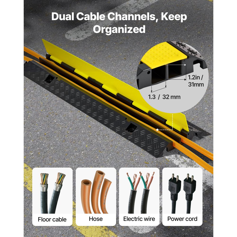 VEVOR Cable Protector Ramp, 22,000 lbs/axle Capacity, 2 Channel Heavy Duty Rubber Cord Hose Wire Cover, 1.3 x 1.2 in Channel, Traffic Speed Bump with Flip-Open Top Cover, for Indoor Outdoor, 1 Pack