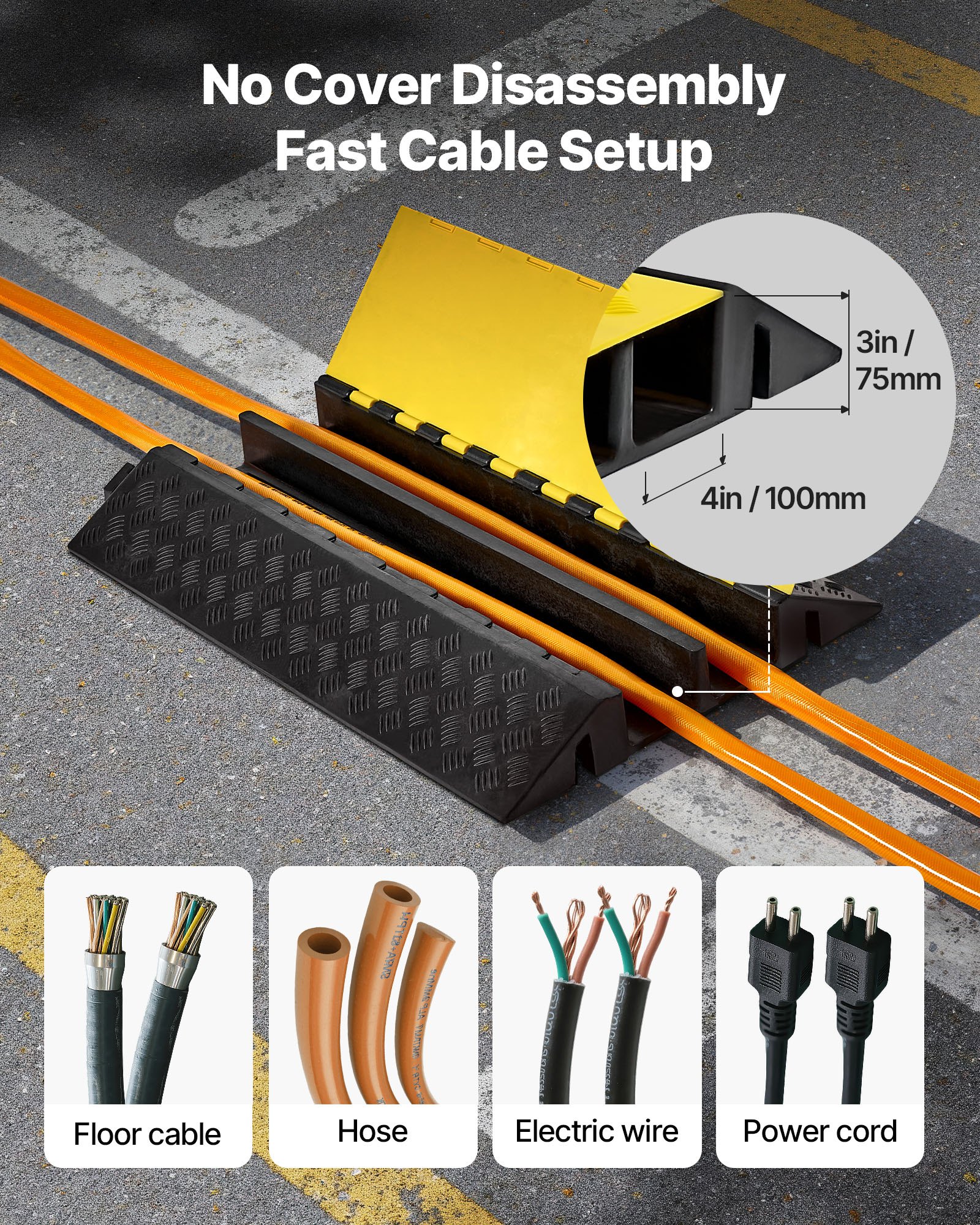 VEVOR Cable Protector Ramp, 22,000 lbs/axle Capacity, 2 Channel Heavy Duty Rubber Cord Hose Wire Cover, 4 x 3 in Channel, Traffic Speed Bump with Flip-Open Top Cover, for Indoor Outdoor Use, 1 Pack