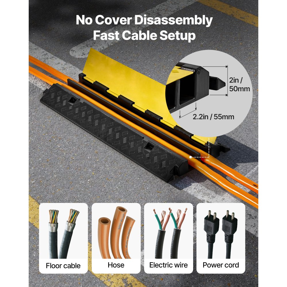 VEVOR Cable Protector Ramp, 9,979 kg/axle Capacity, 2 Channel Heavy Duty Rubber Cord Hose Wire Cover, 55 x 50 mm Channel, Traffic Speed Bump with Flip-Open Top Cover, for Indoor Outdoor Use, 1 Pack