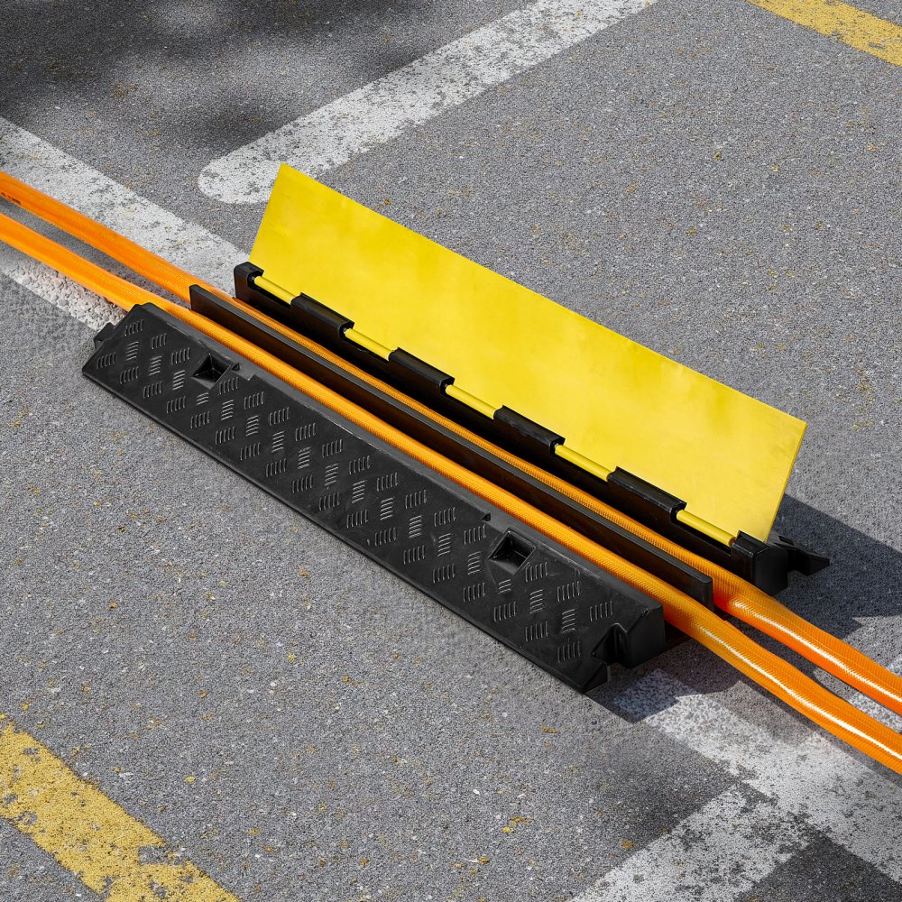 VEVOR Cable Protector Ramp, 9,979 kg/axle Capacity, 2 Channel Heavy Duty Rubber Cord Hose Wire Cover, 55 x 50 mm Channel, Traffic Speed Bump with Flip-Open Top Cover, for Indoor Outdoor Use, 1 Pack
