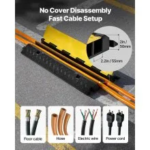VEVOR Cable Protector Ramp, 22,000 lbs/axle Capacity, 2 Channel Heavy Duty Rubber Cord Hose Wire Cover, 2.2 x 2 in Channel, Traffic Speed Bump with Flip-Open Top Cover, for Indoor Outdoor, 1 Pack