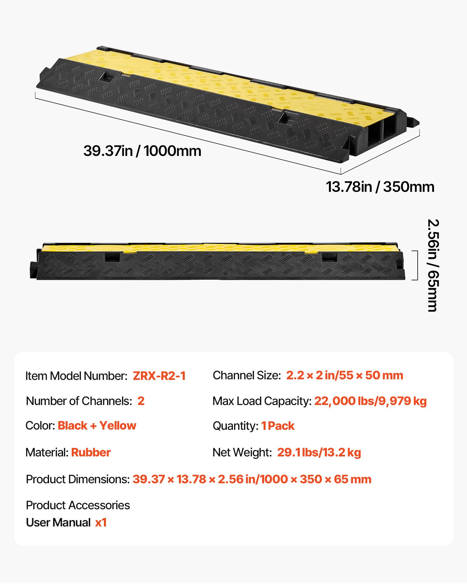 VEVOR Cable Protector Ramp, 9,979 kg/axle Capacity, 2 Channel Heavy Duty Rubber Cord Hose Wire Cover, 55 x 50 mm Channel, Traffic Speed Bump with Flip-Open Top Cover, for Indoor Outdoor Use, 1 Pack