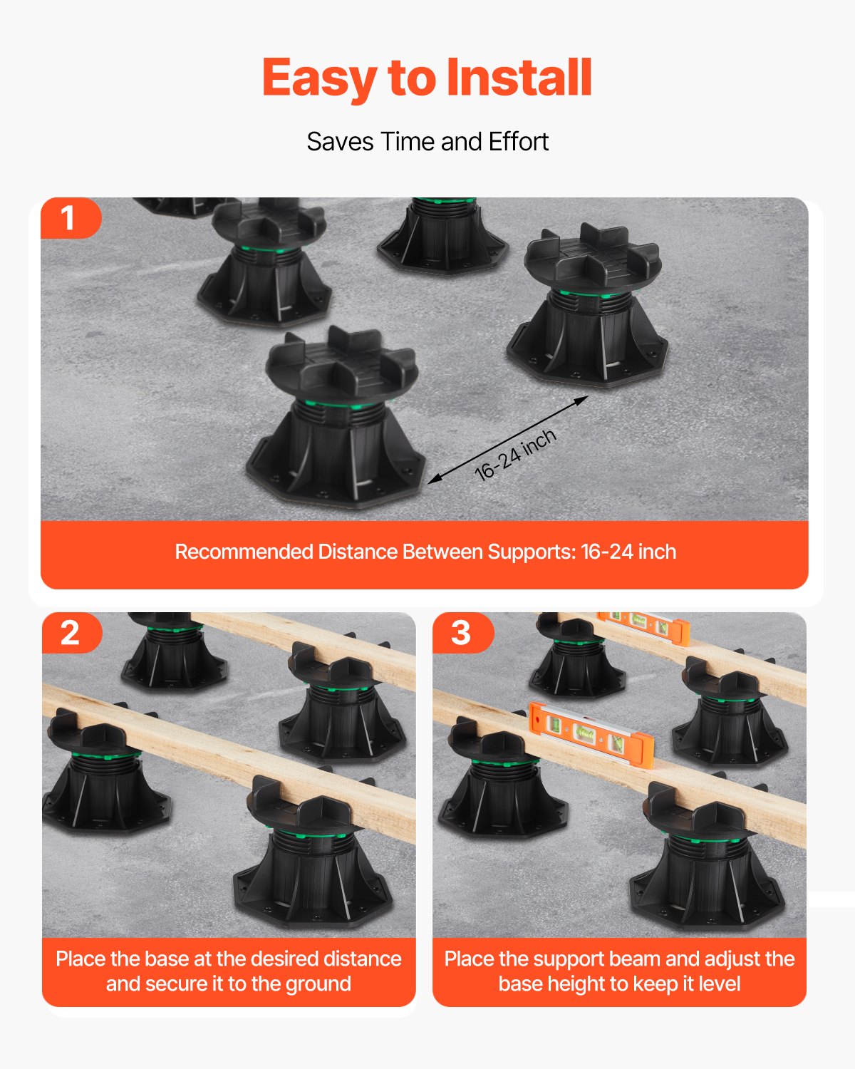 VEVOR terrasseblokker 8 stk., 997,90 kg lastekapasitet terrassestøtte plastpedestal belegningsstein, heving 90–118 mm, høydejusterbar skurfundamentbase for tre betong metall