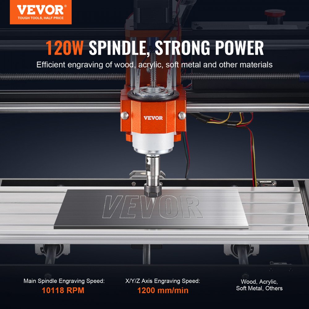 CNC frézka VEVOR, 120 W, 3osá GRBL Control, sada pro gravírování a řezbářství do dřeva, pracovní plocha 300 x 200 x 72 mm, 1200 ot./min. pro dřevo, akryl, MDF, PVC, plast, pěnu