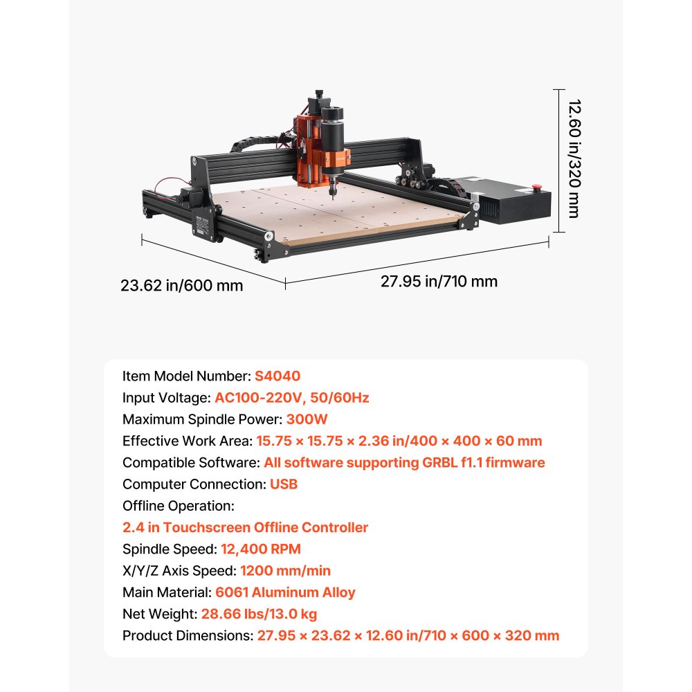 VEVOR CNC Router Machine, 300W Spindle, 3-Axis Wood Engraving Milling Machine, with 15.75 x 15.75 x 2.36 in Working Area, Offline Controller, Aluminum Alloy Structure, for Wood Acrylic Carving Cutting
