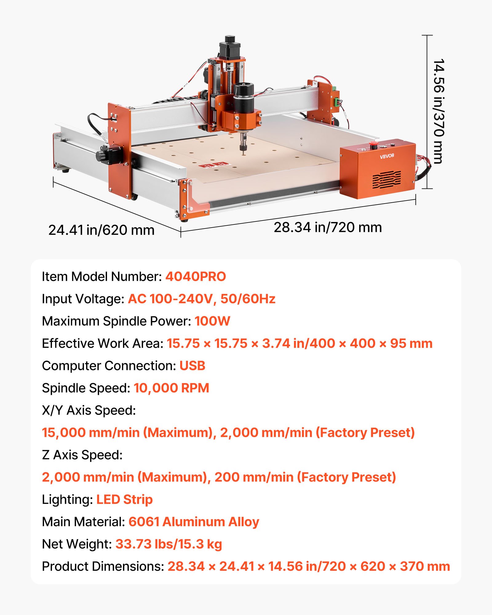 VEVOR CNC Router Machine, 100W Spindle, 3-Axis Wood Engraving Milling Machine, with 400 x 400 x 95 mm Working Area, Linear Rail, Aluminum Alloy Structure, for Wood Acrylic Plastic Carving Cutting