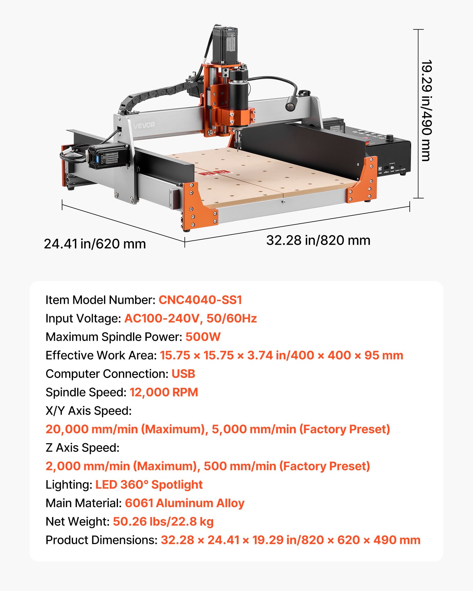 VEVOR CNC Router Machine, 500W Spindle, 3-Axis Wood Engraving Milling Machine, with Dual Linear Rails & Ball Screw, 15.75 x 15.75 x 3.74 in Working Area, Trim Router, for Wood Acrylic Carving Cutting