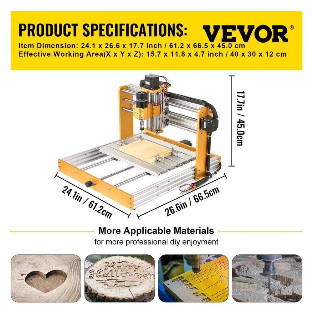 VEVOR CNC Router Machine, 3040 Engraver Milling Machine with Offline Controller Limit Switches Emergency-stop, DIY 3 Axes Cutting Kit for Wood Metal Acrylic MDF, 400 x 300 x 100 mm Large Working Area