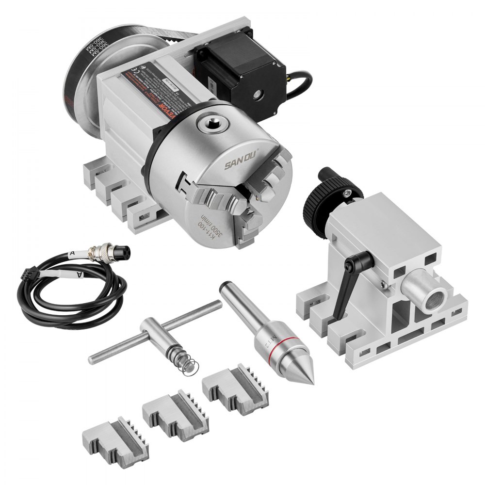 VEVOR Dividing Head, K11-100mm 3-Jaw Chuck, CNC Router Milling Machine Rotational Axis 4th Axis A Axis Indexing Head, 2.6"/65 mm Center Height MT2 Tailstock 6:1 Gear Ratio, Universal for Engraving