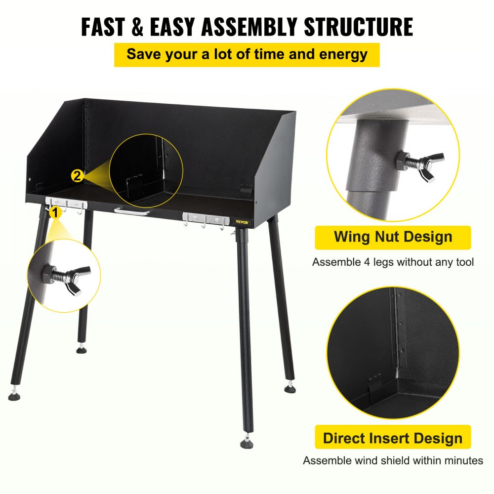 VEVOR Carbon Steel Camp Cooking Table 30 x 16 Inch with Three-Sided Windscreen and Legs for Outdoor Food Preparation and Dutch Oven