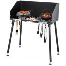 VEVOR Carbon Steel Camp Cooking Table 30 x 16 Inch with Three-Sided Windscreen and Legs for Outdoor Food Preparation and Dutch Oven
