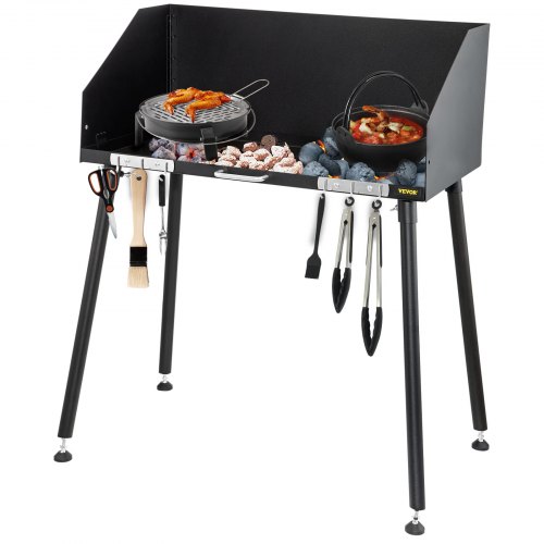 VEVOR Outdoor Cooking Table, Carbon Steel Camp Cooking Table, 38 x 18 x 38 inch Dutch Oven Table, 132 lbs Capacity Portable Grill Table with Three-sided Wind Shield and Legs for Food Preparation