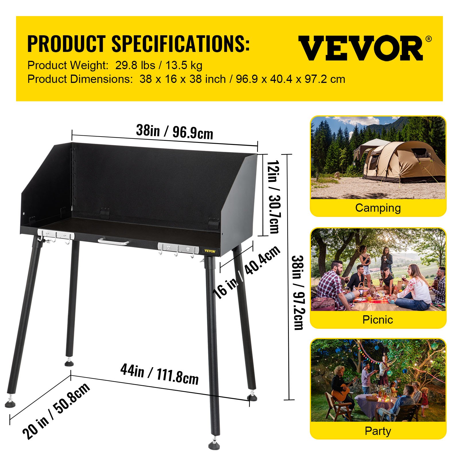 VEVOR Camp Table Dutch Oven Cooking Table Carbon Steel 38x16in w/ Wind Shield