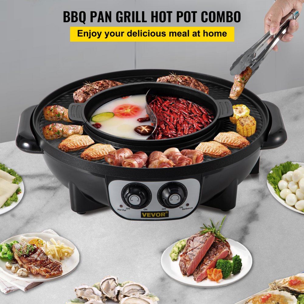 VEVOR 2 in 1 Electric BBQ Grill Hot Pot Plate Shabu Oven Smokeless Barbecue Pan